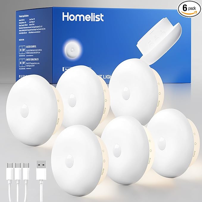 Homelist 2026 New 1500mAh Indirect Lighting Night Light, Bedside Table Lamp, Dimmable Rechargeable Motion Sensor Lights Indoor for Bedroom Nightstand, Cabinet, Porch, Hallway, Stairs, 6 Pack