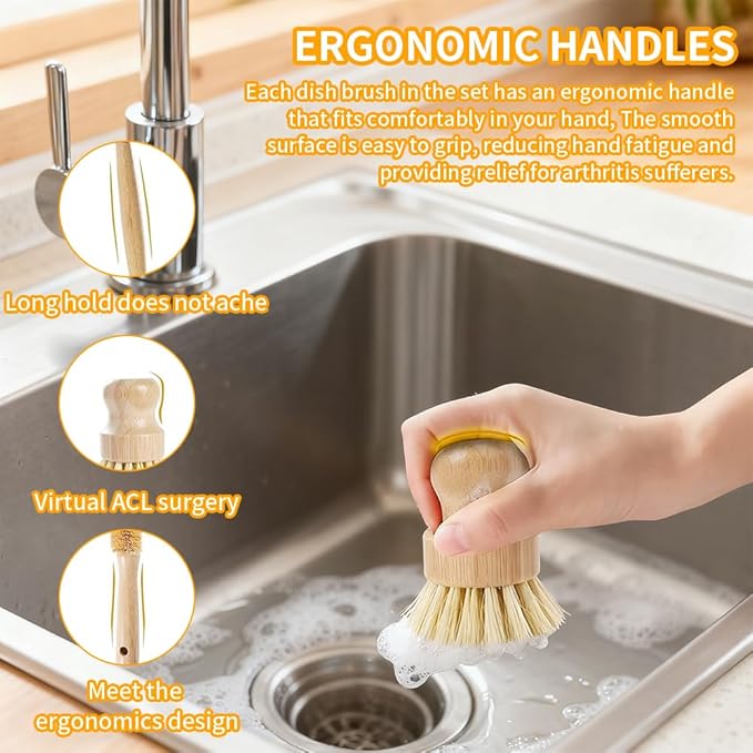 Natural Bamboo Dish Brush 6-Piece Kitchen Cleaning Set with Sisal, Palm Fiber, and Coconut Coir Brush Heads - Multi-Purpose Utensil and Pot Scrubber
