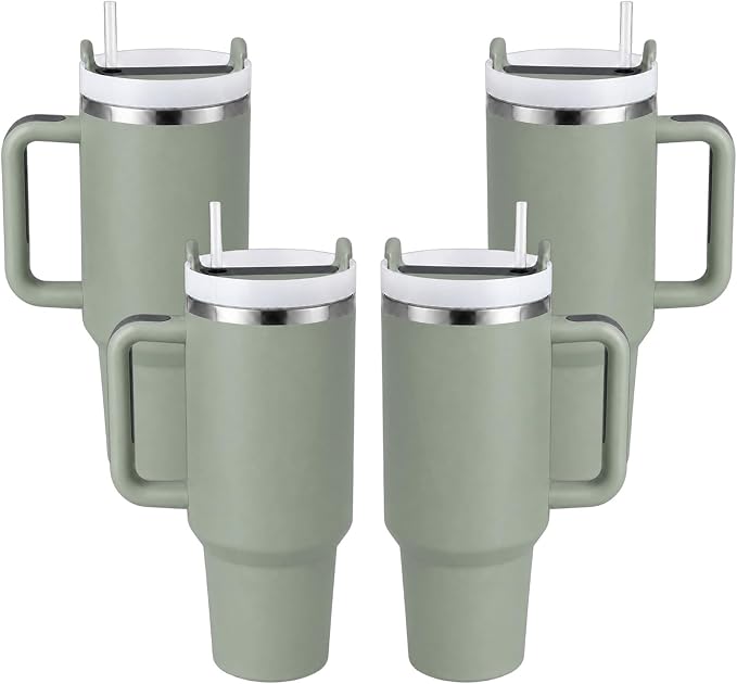 Pandance 4 Pack 40 oz Tumbler with Handle and Straw Bulk, Green | Stainless Steel Vacuum Insulated Travel Mug, Sturdy Screw-on lid, Cup Holder Friendly, Large Capacity Cup For Iced Coffee