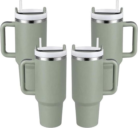 Pandance 4 Pack 40 oz Tumbler with Handle and Straw Bulk, Green | Stainless Steel Vacuum Insulated Travel Mug, Sturdy Screw-on lid, Cup Holder Friendly, Large Capacity Cup For Iced Coffee