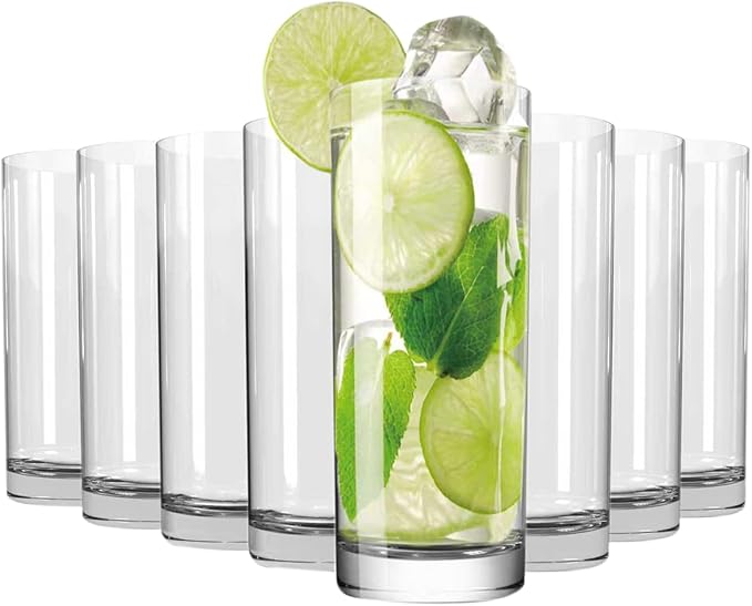 Wlasss Drinking Glasses Set of 8, 16oz Glass Cups, Kitchen Highball Glasses for Beer, Juice and Cocktail, Collins Water Glasses for Bar Glassware, Unique Gifts for Christmas