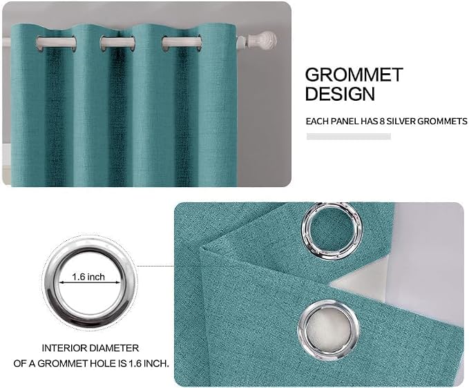 MIULEE 100% Blackout Linen Textured Curtains for Bedroom Solid Thermal Insulated Teal Grommet Room Darkening Curtains & Drapes Luxury Decor for Living Room 52 x 108 Inch (2 Panels)
