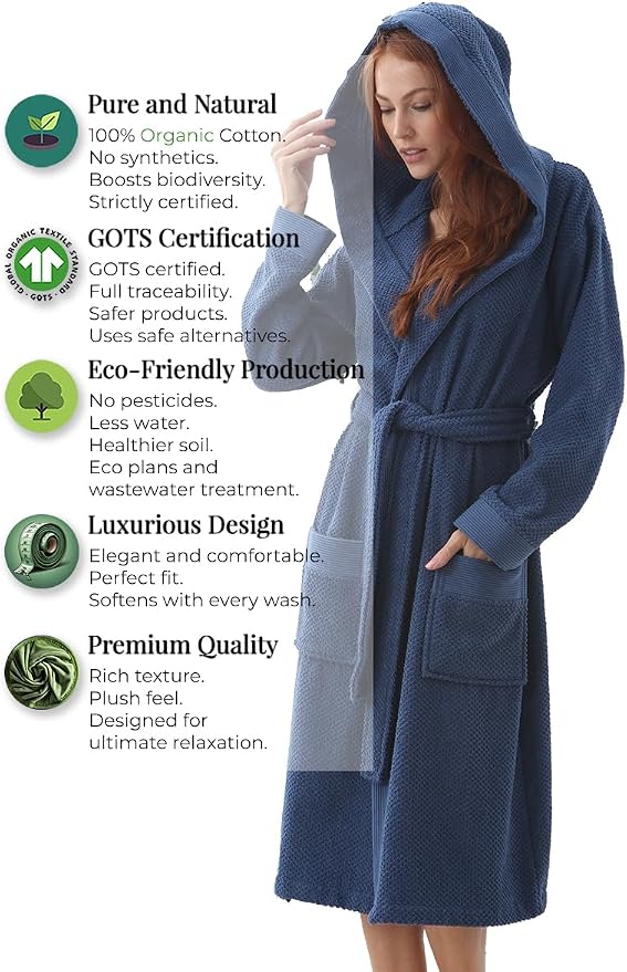 SEYANTE Turkish Cotton Bathrobe for Women - Organic GOTS Certified Terry Hooded Kimono Robe - Spa Quality Women's Cotton Robe