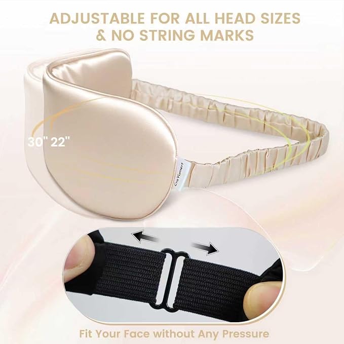 100% Pure Mulberry Silk Eye Mask - 22 Momme Adjustable Strap, Light Blocking, Silk Storage Bag & Gift Box - for Sleep/Travel/Gift, Sensitive Skin Friendly (Champagne)