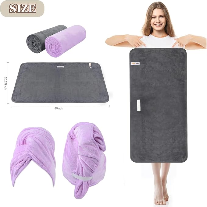 SUNLAND Microfiber Hair Towels Anti Frizz Hair Drying Towel Super Absorbent Fast Drying Turbans for Wet Curly Hair Soft Hair Towel Wrap with Elastic Band for All Hair Types 40 X 20 inches Multicolour