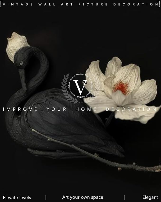 Vintage Black Swan Wall Art, Elegant Farmhouse Moody Dark Flower Academia Swan Print, Classic Neutral Animal Artwork Canvas Wall Decor for Bedroom, Living Room, Bathroom, Lake House - 8x10Inch Unframe