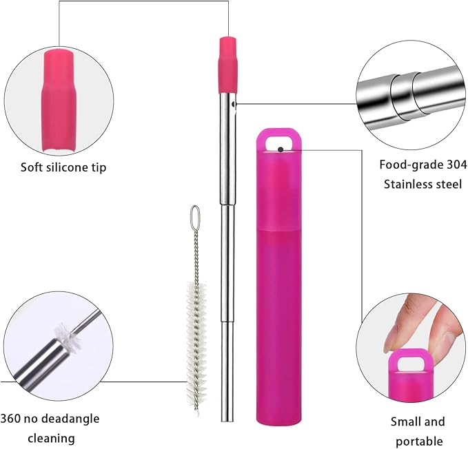 NAIVELY-Reusable Straws 12 Pack Collapsible Metal Straws,Portable Retractable Travel Drinking Straws with Case, Silicone Tips and Cleaning Brush