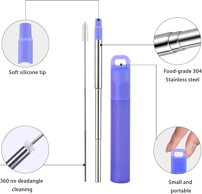 NAIVELY-Metal Reusable Straws, 3 Pack Collapsible Portable Stainless Steel Straws, with Plastic Housing Silicone Tips and Cleaning Brush, Retractable Portable Pocket Drinking Straws