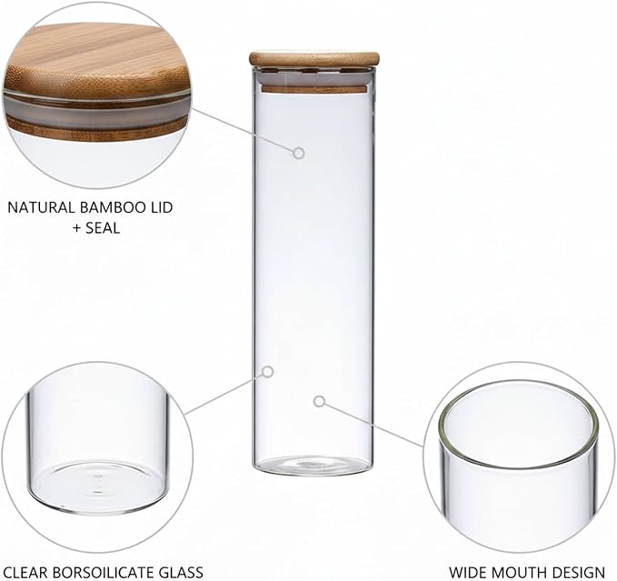 Borosilicate Glass Storage Jars with Bamboo Lids, Clear Kitchen Canisters for Pantry Organization of Dry Goods, Coffee, Tea, and Grains