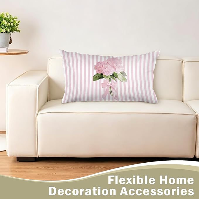 Cottagecore Pink Hydrangea Floral 12x20 Pillow Cover, Preppy Girly Bow Botanical Flower Pink Striped Decorative Lumbar Pillow Cover for Girls Room Dorm Bedroom Living Room Home
