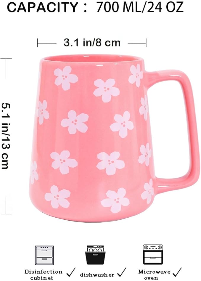 24oz Large Ceramic Coffee Mug with Big Handle, Handmade Kiln Glazed Large Coffee Mug Tea cup, Novelty Mug，Unique Uneven Surface for Office and Home，Microwave and Dishwasher Safe (Pink)