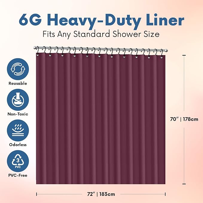 No Smell Shower Curtain Liner 72x72 Dark Purple - PEVA Plastic Shower Curtain for Bathroom, PVC-Free Waterproof Purple Shower Liner with Metal Grommets and Magnet-Weighted Bottom Hem - Washable Liner