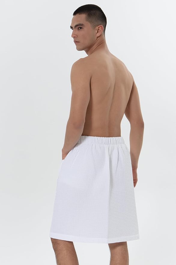 SEYANTE Men's Organic Waffle Spa Wrap – GOTS Certified 100% Turkish Cotton, Adjustable Closure, Same-Color Piping