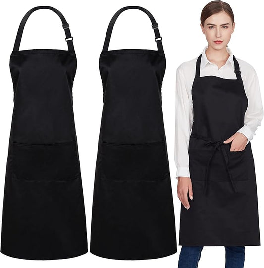 Jubatus 2 Pack 100% Cotton Aprons with 2 Pockets Cooking Chef Kitchen Adjustable Bib Apron for Women Men, Black