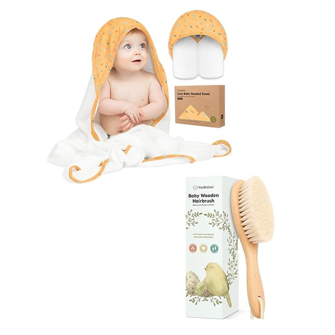 KeaBabies Baby Hooded Towel and Baby Hair Brush - Soft Bath Towels with Hood for Toddlers, Gentle Brush with Soft Goat Bristles for Girls, Boys