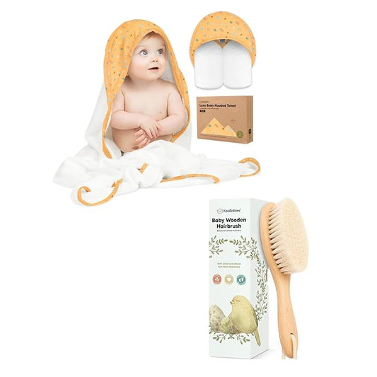 KeaBabies Baby Hooded Towel and Baby Hair Brush - Soft Bath Towels with Hood for Toddlers, Gentle Brush with Soft Goat Bristles for Girls, Boys