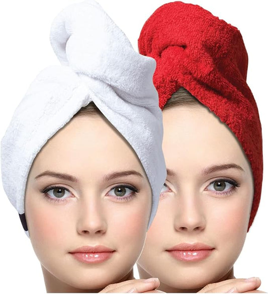 KEEPOZ Hair Towel Wrap Quick Dry 100% Cotton Super Absorbent Turban Head Wrap for Women with Button, Non Microfiber Anti Frizz, Hair Cap for Curly, Long & Thick Hair (Red+White, 2 Pcs)