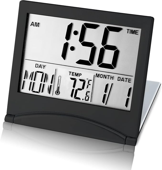 KANBIT Small Digital Travel Alarm Clock Battery Operated, Portable Large Number Display Alarm Clock with Date & Temperature,12/24 H Small Desk Clock-Black(No Light)