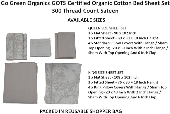 Organic Cotton Long Staple Silky Soft Single Pick Sateen Bed Sheet Set - Luxurious & Premium Hotel Quality - GOTS Certified - Printed & Dyed Combination - Deep Pocket - Easy Care - Queen