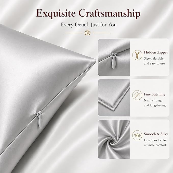 Gray Silk Pillowcase for Women Made in USA, Anti Wrinkle Silk Pillow Cases Queen with Zipper, 6A Grade 22 Momme, 100% Organic,1 Pc 20"x30" (Queen, Grey)