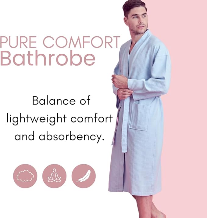 Men's Luxury Waffle Weaved Cotton Bathrobe - Lightweight & Soft - Quick Dry & Absorbent - Spa Robe for Men