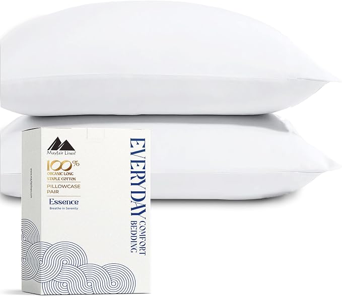 Mayfair Linen 100% Organic Cotton Percale Pillow Cases Queen/Standard Size Set of 4 - Percale Pillowcovers Standard/Queen (White, 2 Pair), Soft Pillow Case for Sleeping, Cotton Pillowcases