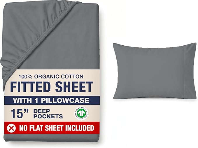 LANE LINEN 100% Organic Cotton Fitted Sheet Twin XL Size (No Flat Sheet) - Soft & Breathable Percale Weave Fitted Sheet Set For Added Comfort - 15''Deep Pocket For Snug Fit - GOTS Certified - Charcoal
