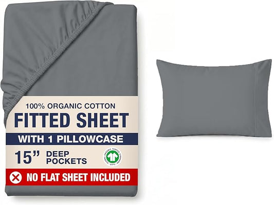 LANE LINEN 100% Organic Cotton Fitted Sheet Twin XL Size (No Flat Sheet) - Soft & Breathable Percale Weave Fitted Sheet Set For Added Comfort - 15''Deep Pocket For Snug Fit - GOTS Certified - Charcoal