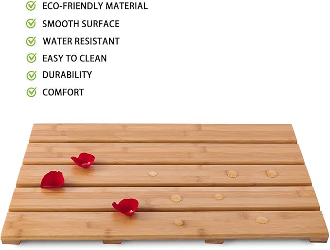 GOBAM Bamboo Bath Mat, Large, 26 x 15.75 x 1.34 inches - Water Resistant, Non-Slip Shower Mat for Spa, Sauna, Kitchen, Pool, Indoor, Outdoor - Bamboo Bathroom Accessories - Natural
