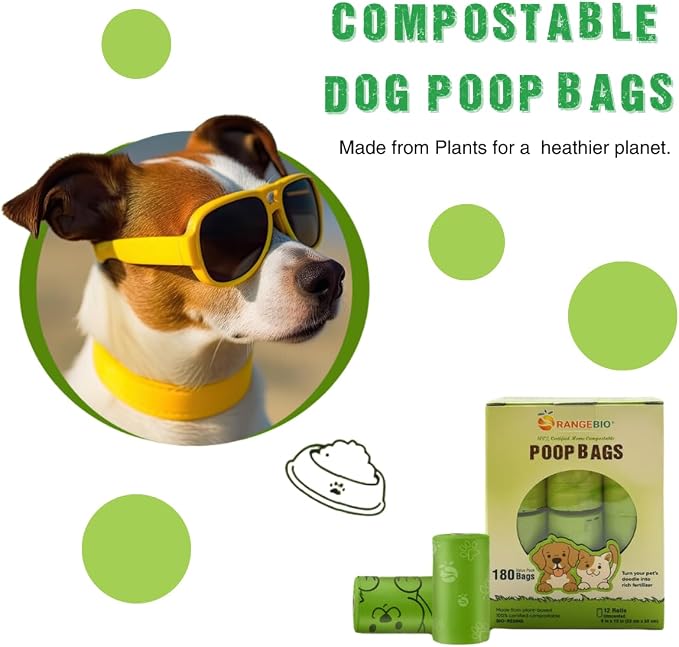 OrangeBio Dog Poop Bags, 100% Certified Home Compostable, 13 x 9 Inches - 180 Count (15 Bags per Roll, 12 Rolls), Unscented, OK Compost Home Certified