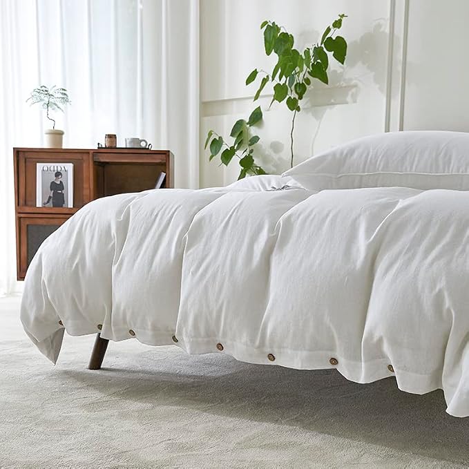 EVERLY 100% Pure Linen Duvet Cover Set Oversized King Size 120X98Inch 3pcs (1 Duvet Cover,2 Pillowcases) Soft and Breathable for All Season with Coconut Button Closure,Suitable for Hot Sleepers-White