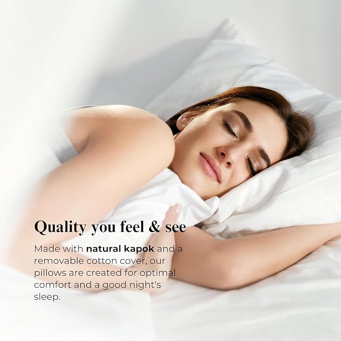 Organic Natural Kapok Pillow with Organic Cotton Removable Cover for Sleeping - GOTS Certified, Adjustable Loft, Cooling and Breathable, Easy Care - Child (20"x16") - Pack of 2