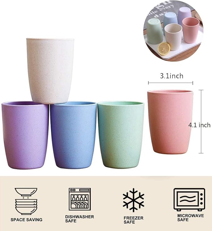 Eco-friendly Unbreakable Reusable Drinking Cup for Adult(12 OZ), Wheat Straw Glasses Healthy Tumbler Set 5-Multicolor, Dishwasher Safe