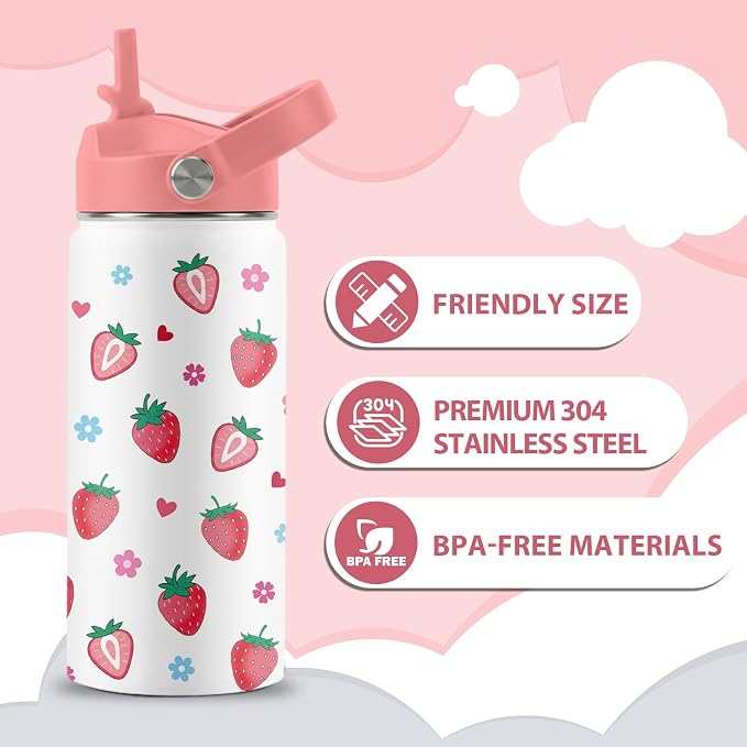 16 oz Water Bottle with Straw Lid, 2 Pack Set, Strawberry Mermaid Gifts for Girls, Stainless Steel Insulated Water Bottles for School Travel Outdoor Sports, Pink Cups Birthday Gifts
