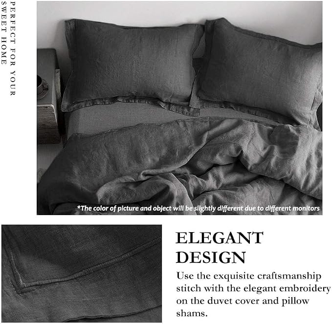 Simple&Opulence 100% Linen Duvet Cover Set with Embroidery Border Washed - 2 Pieces (1 Duvet Cover & 1 Pillow Sham) with Button Closure Soft Breathable Farmhouse - Dark Grey, Twin Size