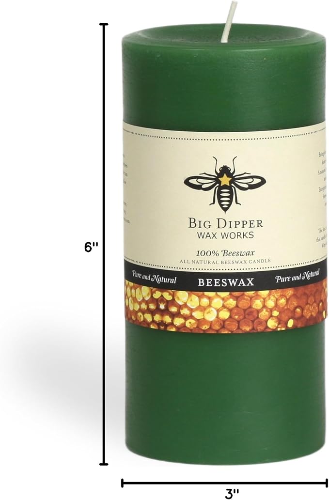 Big Dipper Wax Works Moss Green Pillar Candle, 90-Hour Long Burn, Pure Beeswax Candle, 3" x 6”