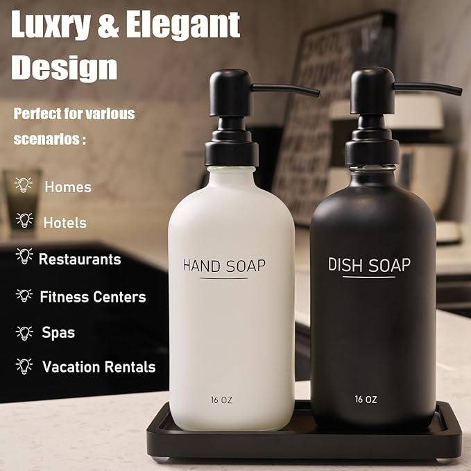 Black & White Soap Dispenser Set, Glass Soap Dispenser with Stainless Steel Pump & Tray, Farmhouse Hand Soap Dispenser & Dish Soap Dispenser for Bathroom Kitchen Sink (B & W hi)