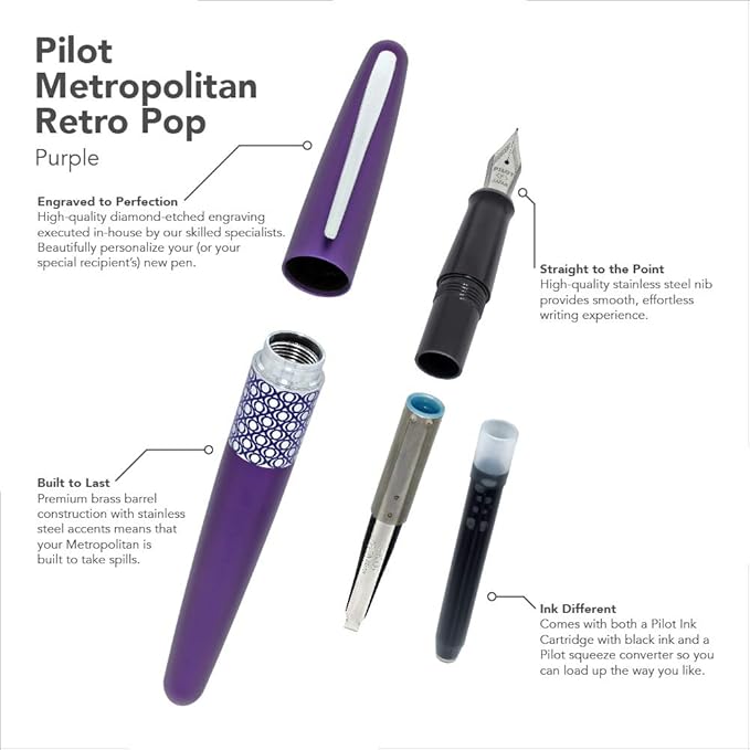 Goldspot Personalized Pilot Metropolitan Retro Pop Fountain Pen in Custom Engraved Pen in Purple