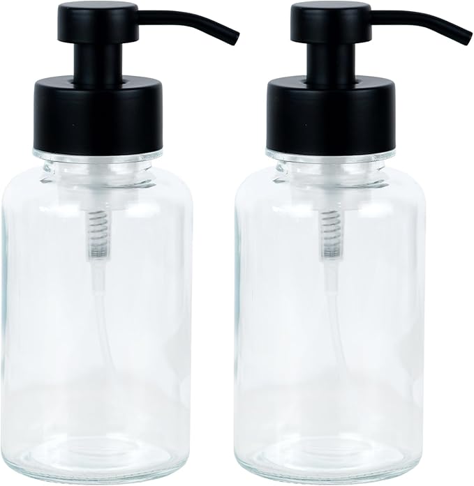 15 oz Amber-Tinted Thick Glass Foaming Soap Dispenser, Refillable Foaming Soap Dispenser with Black Rust-Proof Foam Pump, Suitable for Bathrooms and Kitchens (2, Clear)