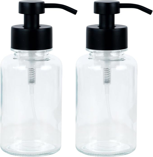 15 oz Amber-Tinted Thick Glass Foaming Soap Dispenser, Refillable Foaming Soap Dispenser with Black Rust-Proof Foam Pump, Suitable for Bathrooms and Kitchens (2, Clear)