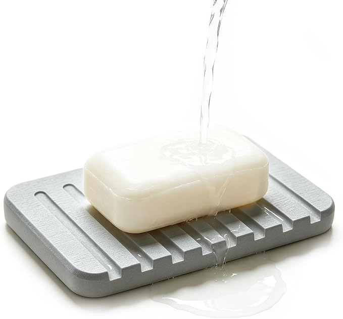 Self Draining Diatomite Stone Soap Dish, Waterfall Drainer Water Absorbing Soap Holder for Bathroom Kitchen Sink, Quick Dry Sponge Holder, Keep Soap Bars Dry Clean & Easy Cleaning (Light Gray)