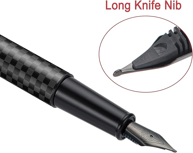 HONG DIAN 1861 Fountain Pen, Long Blade Nib, Black Carbon Fiber Design with Converter and Metal Pen Case Set