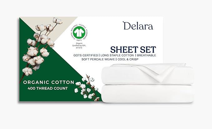 100% Organic Cotton Percale Weave Sheet, 400 Thread Count GOTS Certified, Smooth & Moisture-Wicking, Soft & Silky Breathable Bedding (White, Twin - 3 Piece with Flat Sheet)