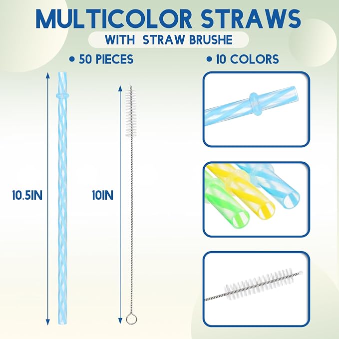 Jovitec 50 Pcs Reusable Plastic Straws with Brush 11 Inch Long Hard Plastic Straws Dishwasher Safe 10 Color Clear Replacement Drinking for 16 oz-32 oz Tumblers Cup Mason Jars Milkshakes Smoothies