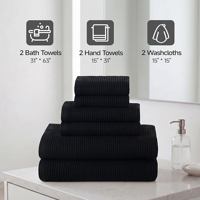 ecolook 6-Piece Waffle Weave Towel Set, 100% Cotton, Lightweight, Absorbent & Quick-Drying, 2 Bath Towels (31×63 in), 2 Hand Towels, 2 Washcloths, Lint-Free for Bathroom, Pool, Gym, Travel - Black