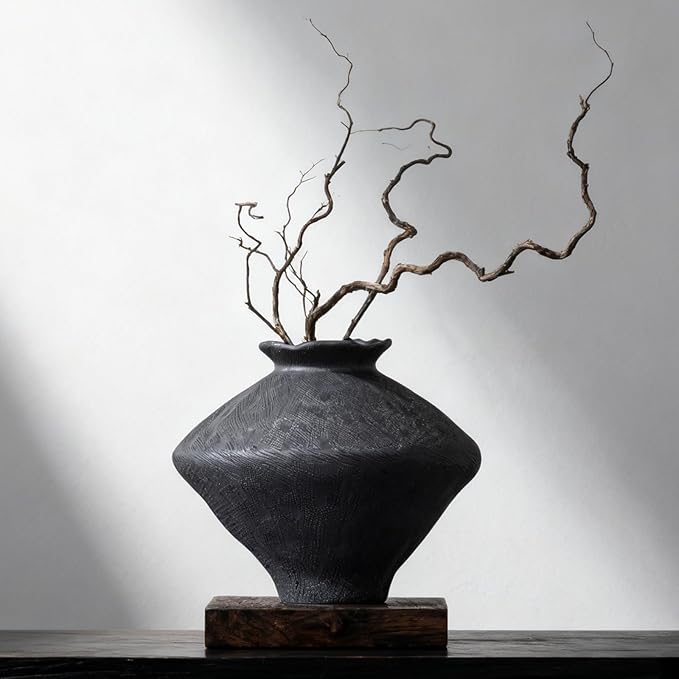 Wabi Sabi Vase, 11.5" Wabi Sabi Decor Rustic Vase, Black Ceramic Vase for Centerpiece, Vintage Farmhouse Decor for Home Decorative, Table, Living Room, Bedroom, Bathroom, Kitchen