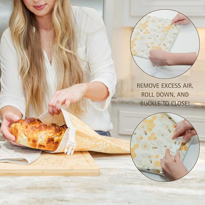 Reusable Beeswax Bread Bag 2 Pack –12x17 Bread Bag for Homemade Sourdough, Beeswax Coated Organic Cotton Storage Bag for Loaf Baguette, Freezer Safe, Eco-Friendly Wrap Spiral Blossoms