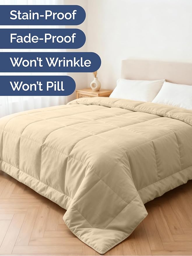 Cal King Size, Beige Alternative Down Comforter - Warm, Lightweight & Breathable Hotel Quality Bedding Set for Men, Women, Kids & Teens - All Season Oversized Cooling Microfiber Duvet Insert Comforter