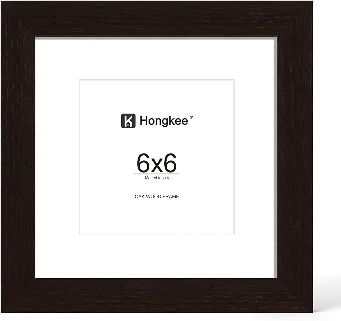 Hongkee 6x6 Oak Wood Picture Frame 1 Pack(Matted 4x4) with Real Glass Cover | Black, 6 x 6 Solid Wood Frame for Wall or Tabletop Display - Includes Easel Back, Vertical Hang - Ideal for Home, Office