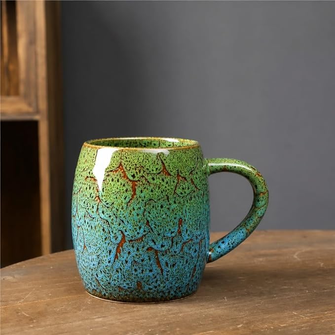 21oz Large Handmade ceramic Mug, Big Ceramic Tea Cup, Durable and Heavy Microwave and Dishwasher Safe Pottery Coffee Mug with Handle, Reactive Glaze Stoneware Clay coffee mug (Blue and Green)
